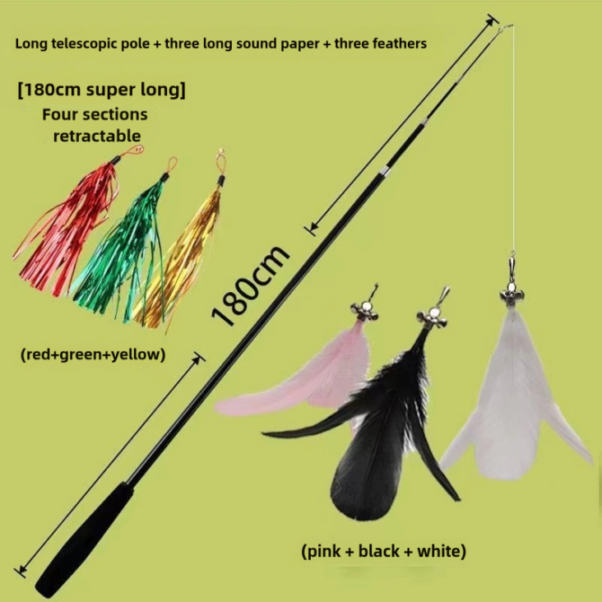 Cat teasing stick with adjustable rod and long rod, extendable by 1.8 meters. Fishing cat teasing with bell for cats to relieve boredom and enjoy themselves as toys